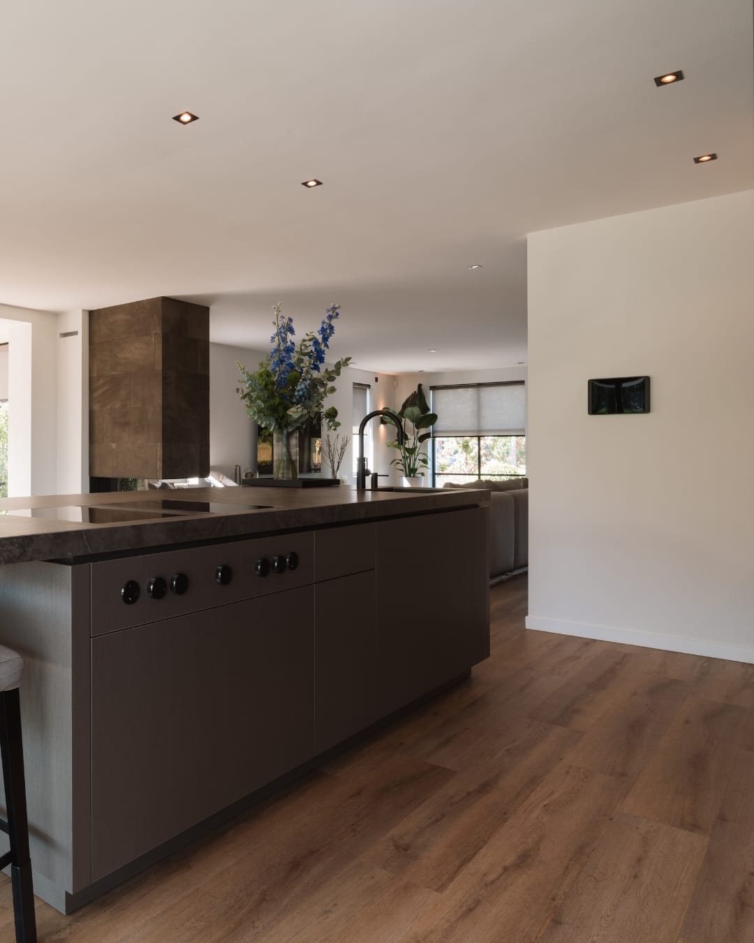 open woonruimte met leefkeuken en centraal lichtplan.