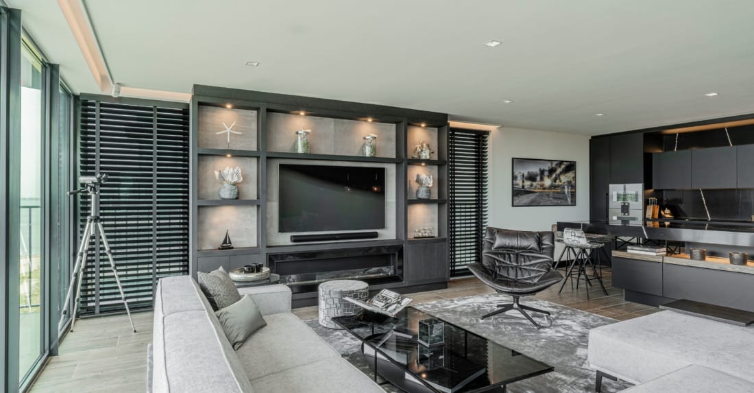 luxe woonkamer in grijstinten met geïntegreerd audiosysteem.